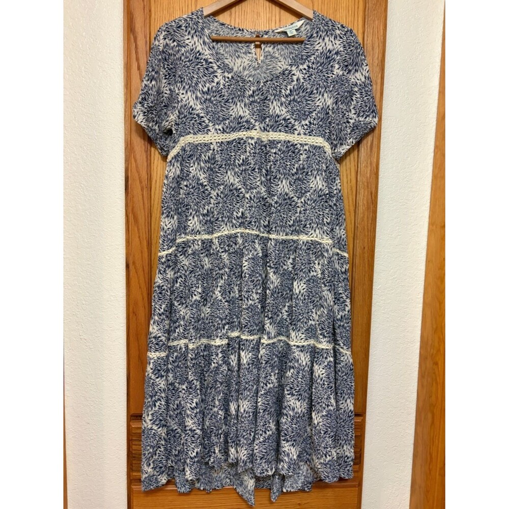Sundance cream blue floral patterned short sleeve tiered midi dress Matilda Med